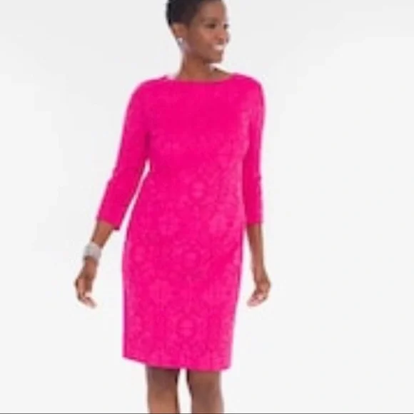 chicos pink dress Chicos Dress Womens XLP 3P Pink Shift Short Sleeve Casual Stretch Travelers